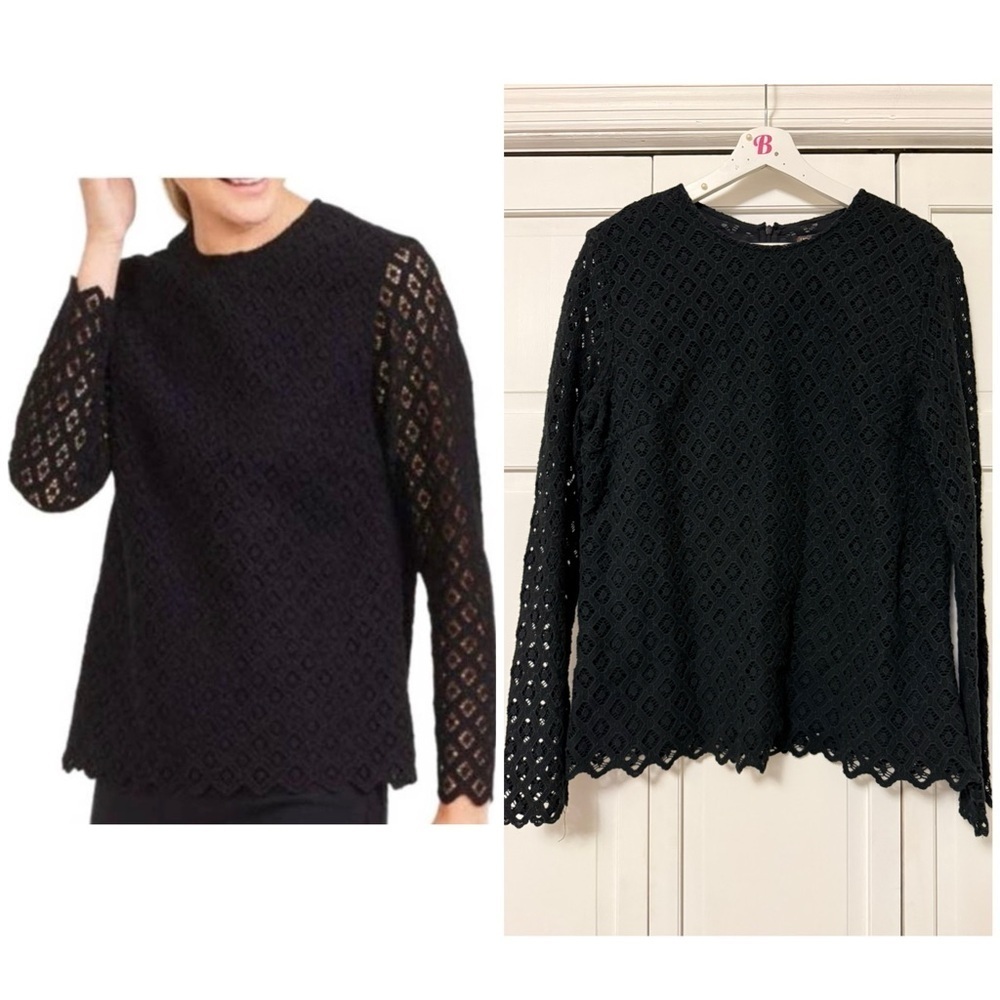 J McLaughlin Black Lissa Diamond Lace Crochet Eyelet Long Sleeve Lined Top XL